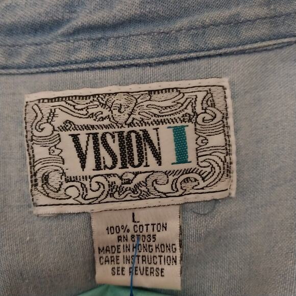 Vision 1 Denim Long Sleeve Velvet Collar & Cuffs Shirt Size Large 100% Cotton - Picture 7 of 7